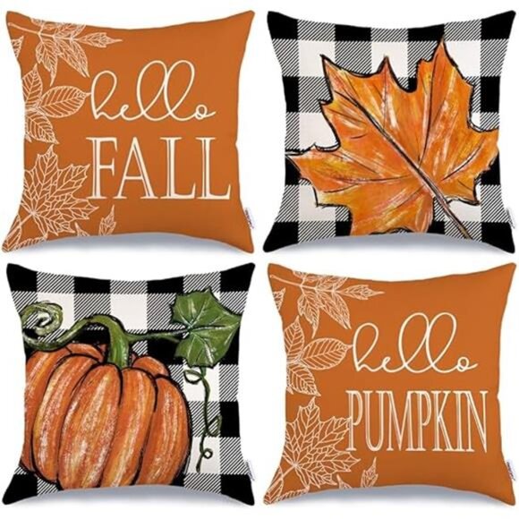 Fall Pillow Covers 18x18 Set of 4, Buffalo Plaid Pumpkin and Maple Leaves Autumn - Picture 7 of 7